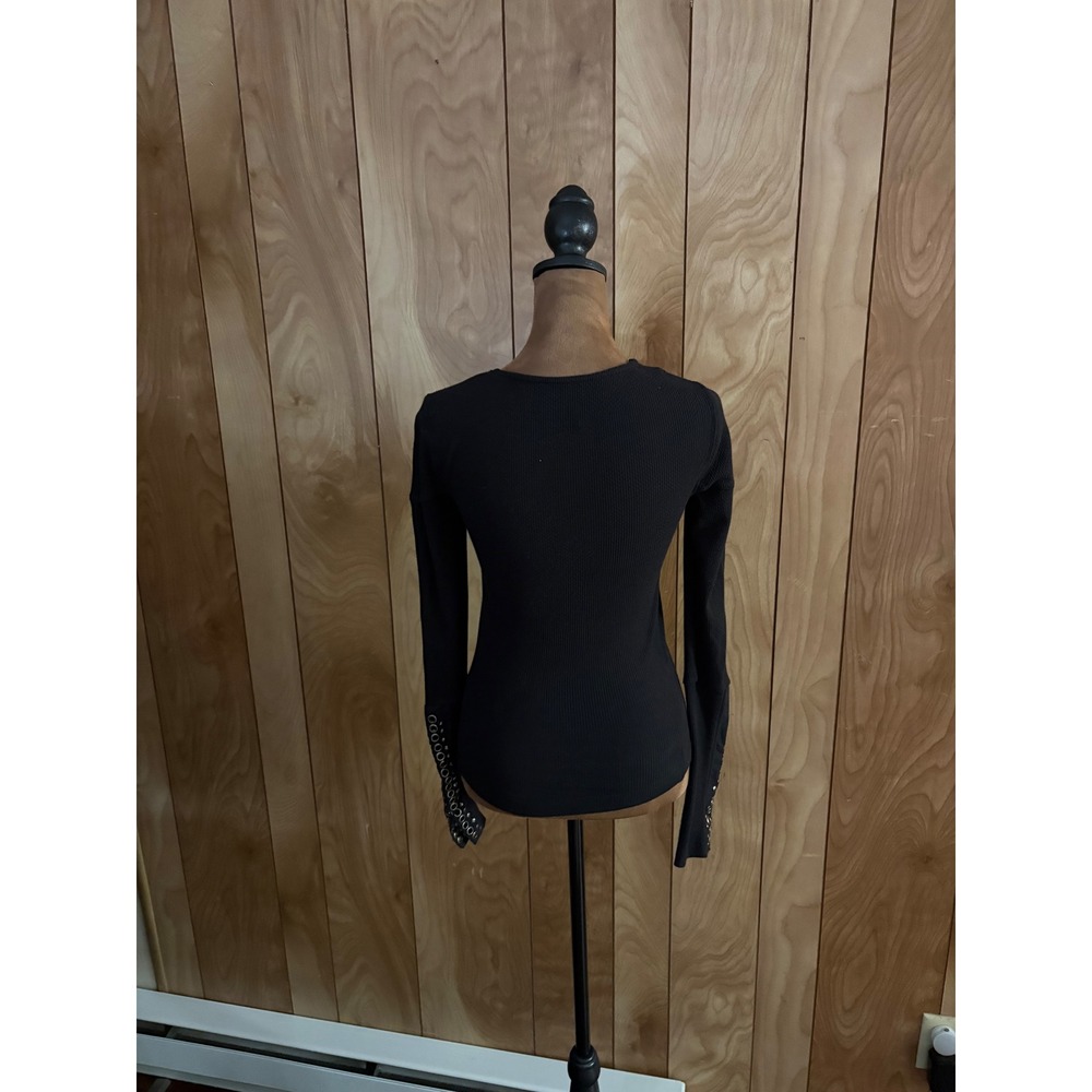 Free People Black Ribbed Square Neck Long Sleeve Grommet Cuff Top XS - Picture 3 of 9